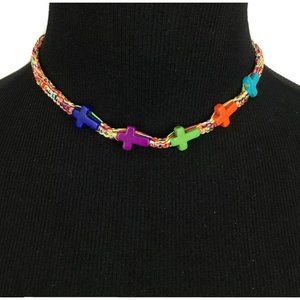 VENESSA ARIZAGA hand-made friendship choker necklace - woven multicolor crosses